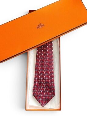 Authentic HERMES 100% Silk Red White & Blue Anchor Neck Tie with Box